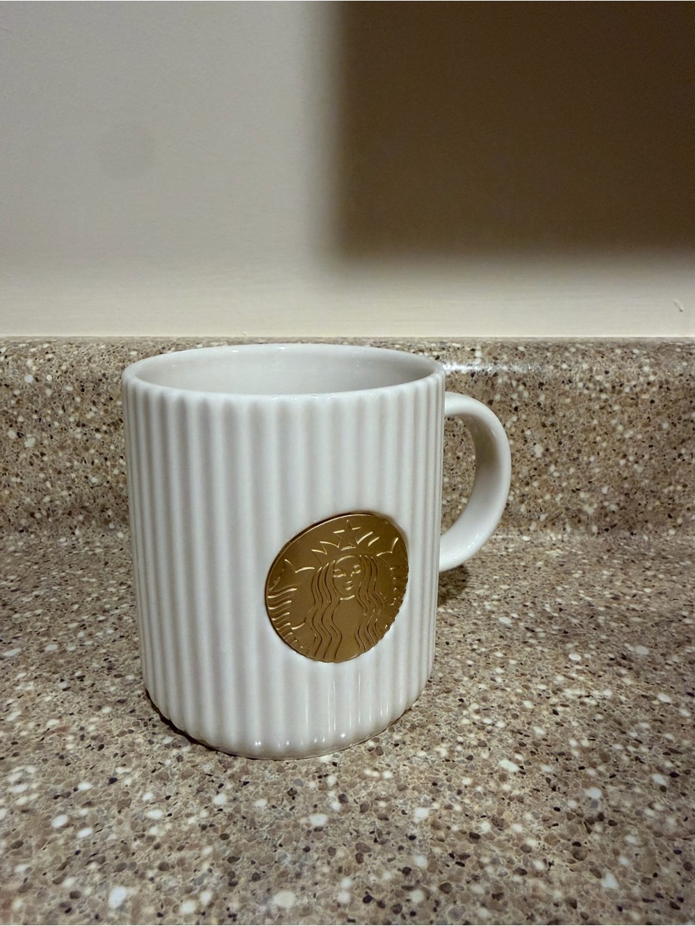 Starbucks White Ribbed Ceramic Mug with Gold Emblem